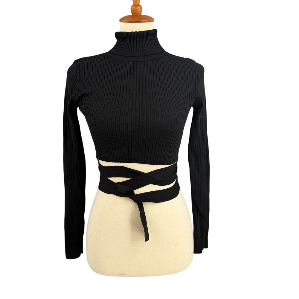 Hera Collection Crop Top‎ Size Medium Black Rib Turtleneck Tie Waist Balletcore
